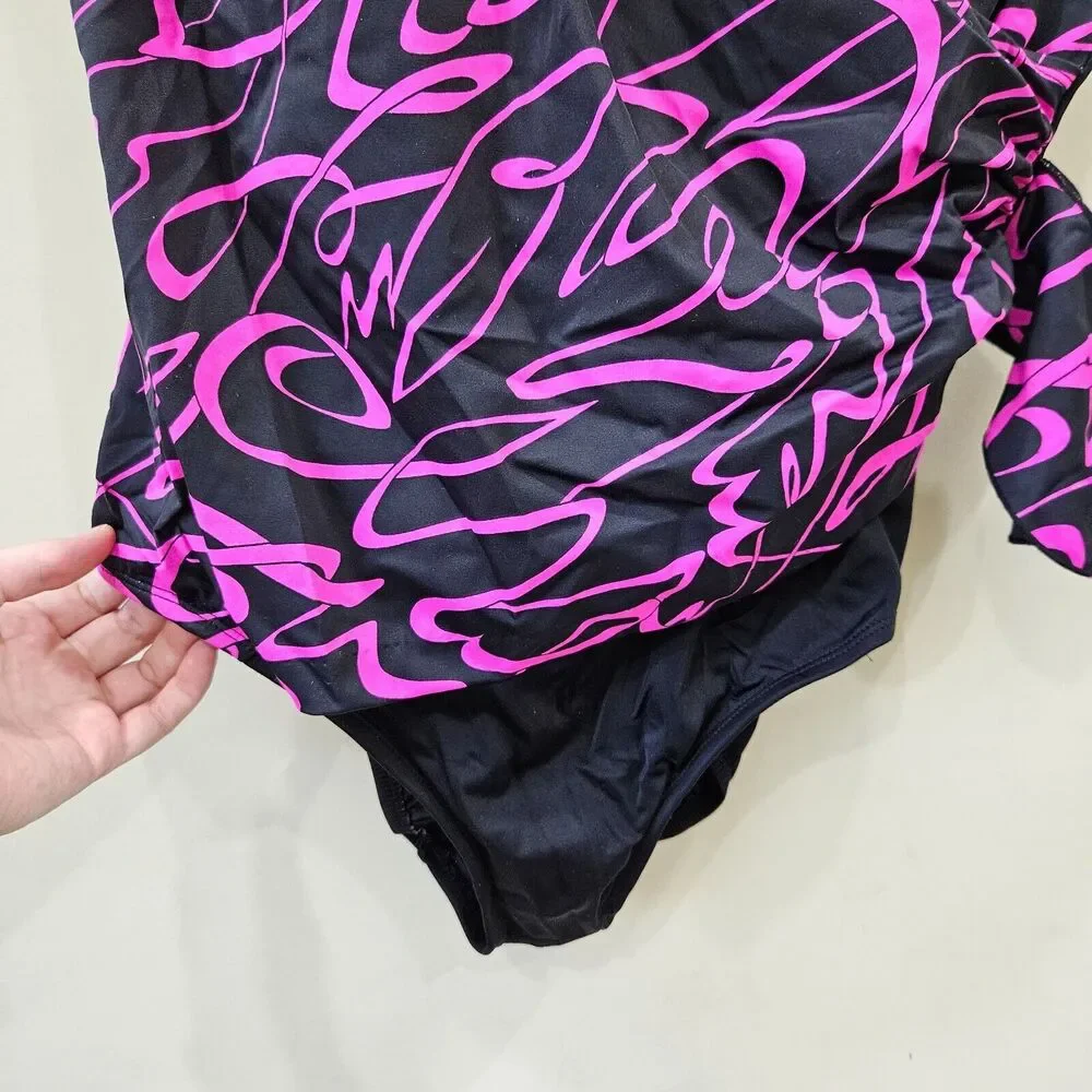 Longitude Women's Wrap One Piece Swim Suit Black Purple Beach Resort Vacation